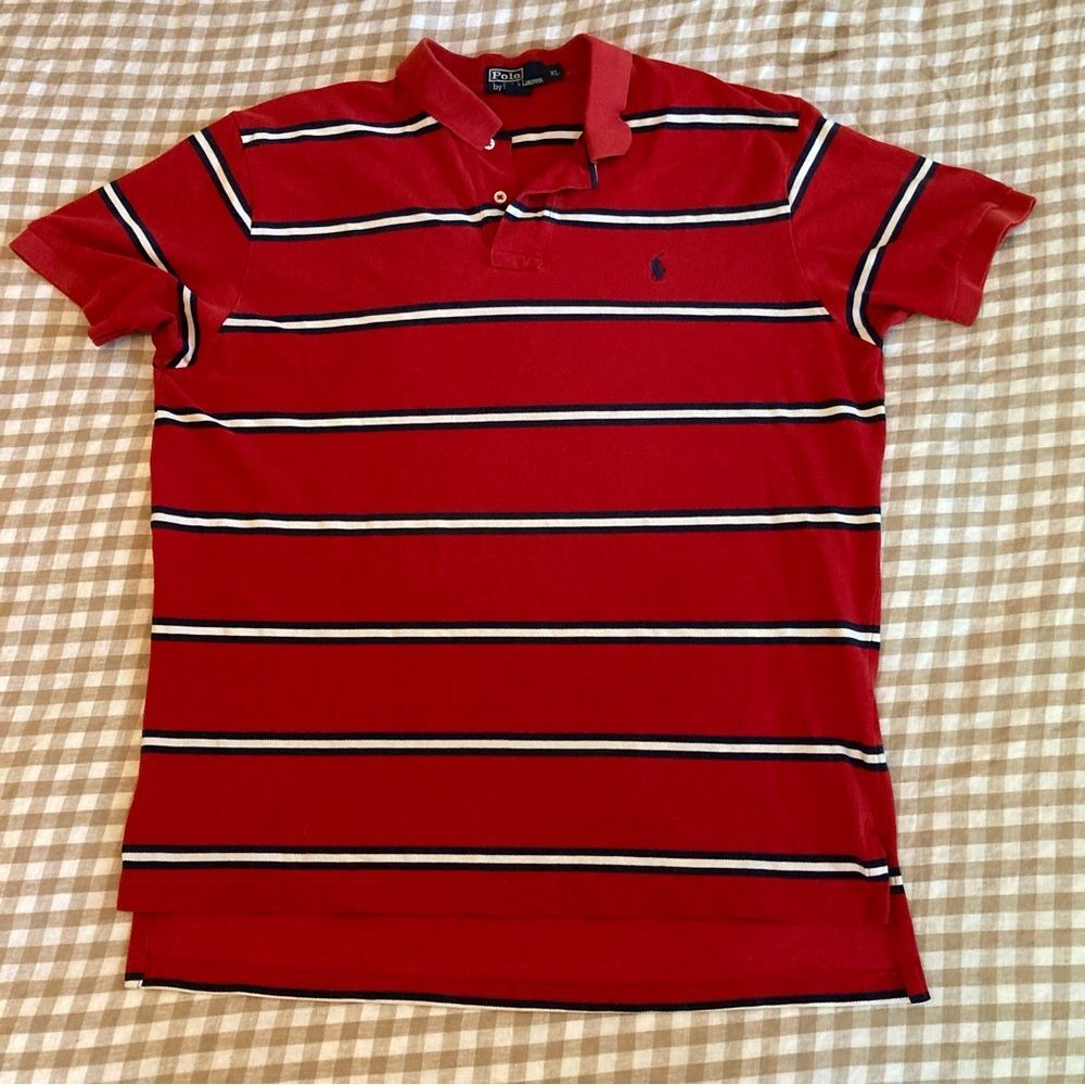 Vintage Polo Ralph Lauren Men's XL Cotton Polo Shirt Red with White Navy Stripe
